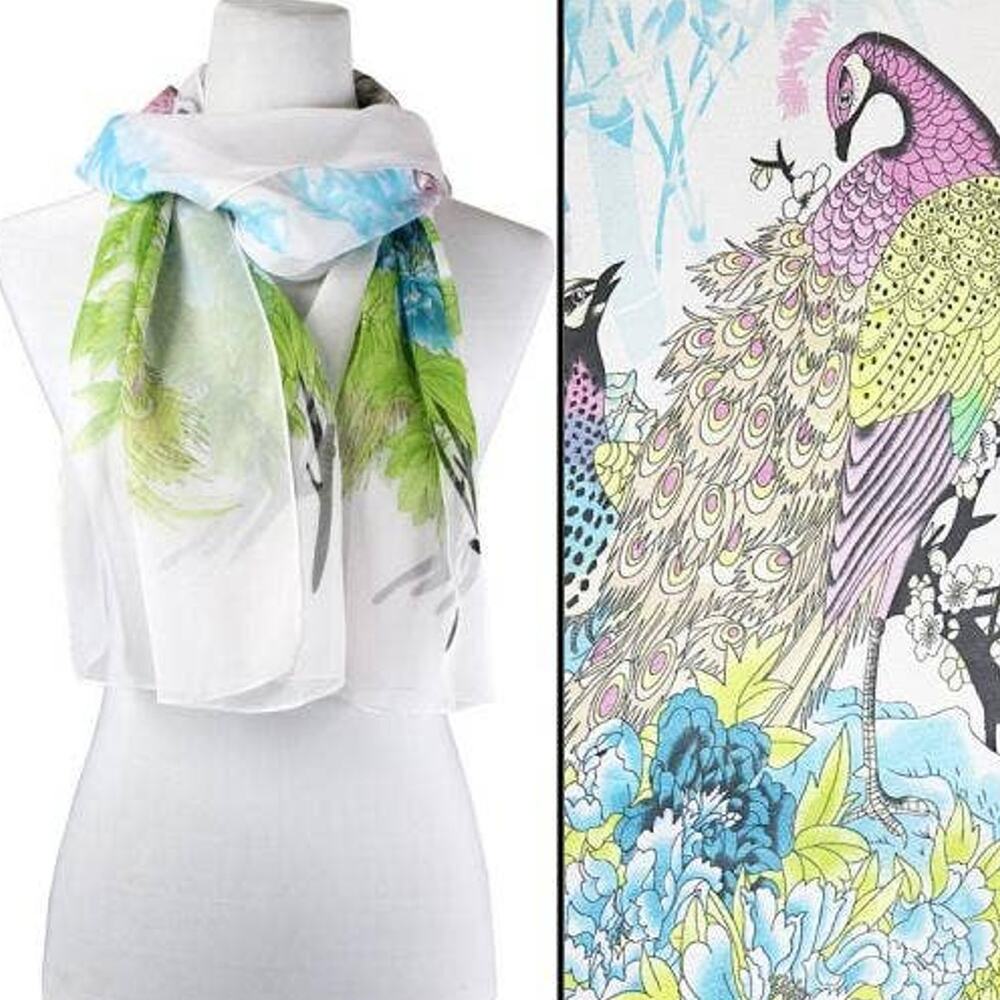 Silky Dress Scarf – Peacock White Multi